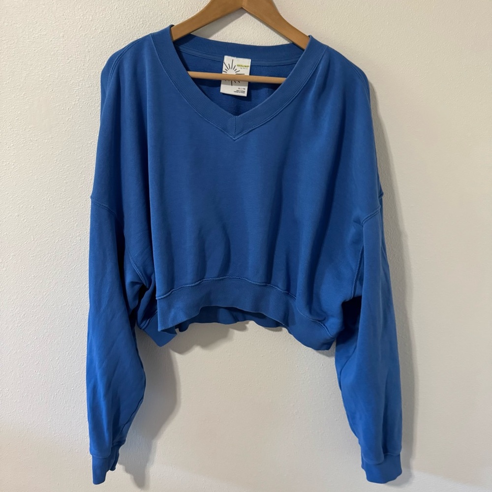 Aerie Offline Cropped Dolman Sleeve Sweatshirt V Neck Blue Athleisure 2023-XL